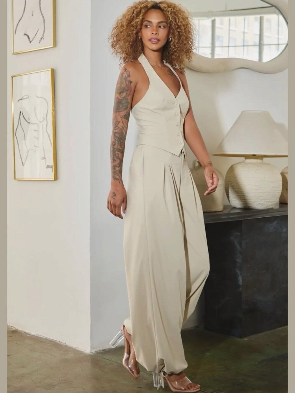 Matching Outfit Set Halter Vest Top Wide-Leg Dress Pants SZ S M L Stretchy Cream - Picture 9 of 13